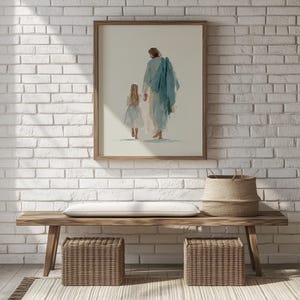 Christ guiding young girl digital print for playroom — painterly style with a focus on relationship and comforting themes.