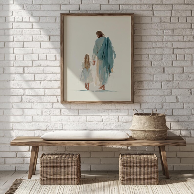 Christ guiding young girl digital print for playroom — painterly style with a focus on relationship and comforting themes.