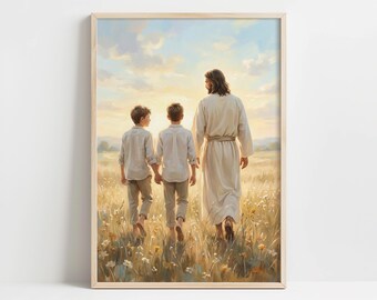 Serene Pastoral Scene with Jesus and Boys - Peaceful Printable Wall Art, Realistic Spiritual Painting, Inspirational Calm Decor Digital 9