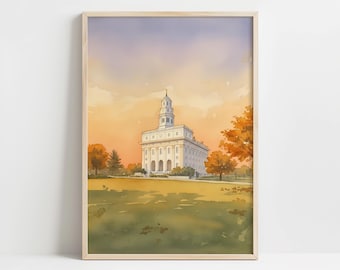 Autumn Nauvoo LDS Temple Watercolor Print - Historic White Temple in Fall Landscape, Vintage Watercolor Wall Art Printable