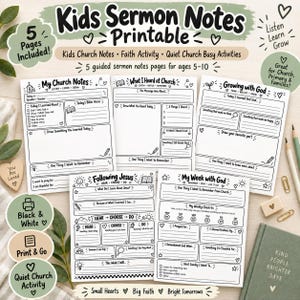 Op de afbeelding: Een set van vijf zwart-wit printbare preeknotitiepagina's voor kinderen, met titels zoals My Church Notes, What I Heard at Church, Growing with God, Following Jesus en My Week with God, voorzien van diverse iconen en schrijflijnen.