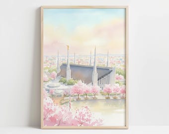 Spring Las Vegas Temple Watercolor - Pastel Cherry Blossoms & Reflective Pond, Tranquil Cityscape Art, Romantic Printable Decor 24