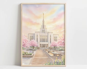 Świątynia LDS Saratoga Springs, wiosenna akwarela – Spokojna biała świątynia, kwiaty wiśni, sztuka ścienna LDS, pastelowe wydruki artystyczne 24