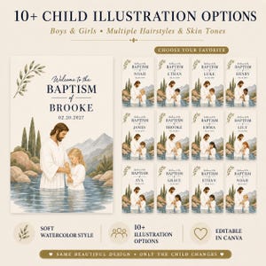 May include: A digital template for a baptism invitation featuring a watercolour illustration of a figure in white robes standing in water with a child. The text reads Welcome to the BAPTISM of BROOKE 02.20.2027, with 10+ child illustration options shown.