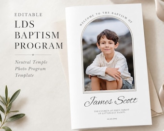 Editable LDS Baptism Program Template, Neutral Temple Photo Program, Foldable Boy Baptism Printable