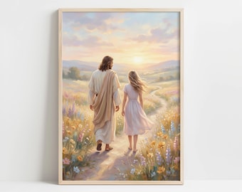 Gentle Spiritual Journey Painting - Jesus and Teenage Girl Walking, Serene Pastoral Scene, Warm Pastel Wall Art Printable Download 19