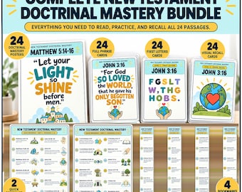 Puede incluir: Un paquete de estudio y memorización New Testament Doctrinal Mastery que incluye 24 pósteres, tarjetas de frases completas, tarjetas de primeras letras, tarjetas de recuerdo visual, dos hojas de referencia y cuatro marcapáginas con texto.