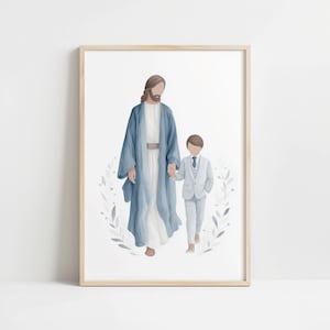 May include: Watercolor print of a figure in a blue robe holding hands with a boy in a light blue suit. The figures are surrounded by a wreath of leaves, all within a wooden frame. The artwork has a soft, gentle aesthetic.