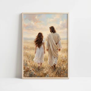 Jesus & Brunette Woman in Sunlit Field, Serene Spiritual Printable, Luminous Landscape, Digital Download, Rustic Pastoral Art, LDS art