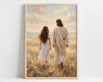 Jesus & Brunette Woman in Sunlit Field, Serene Spiritual Printable, Luminous Landscape, Digital Download, Rustic Pastoral Art, LDS art