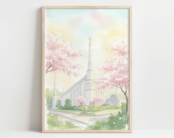Seoul Korea Temple Watercolor Print | LDS Temple Art | Digital Download | Spring Wall Art