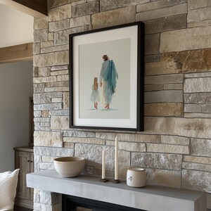 Jesus Christ holding a little girl poster for nursery — tender and serene watercolor artwork in soft, muted colors.