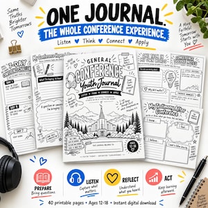 Può includere: Un diario di conferenza per giovani con disegni al tratto in bianco e nero raffiguranti un tempio, montagne e alberi. La copertina include testi come Listen, Think, Connect, Apply e Ages 12-18. Diverse pagine aperte mostrano spazi per appunti.