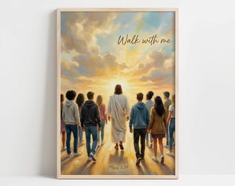 Jesus Walking With Diverse Teens Art - Inspiring Jesus Walking with Followers, LDS Walk With Me, Heavenly Inspirational Wall Decor Digital 1