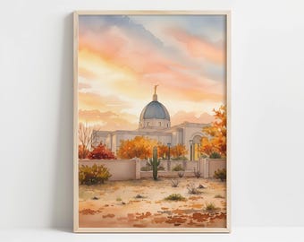 Tucson Arizona Temple Watercolor Print | LDS Temple Art | Digital Download | Fall Wall Art