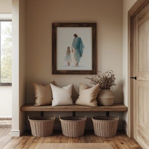 Jesus gently holding a child's hand poster for families — soothing watercolor style embodying warmth and devotion.