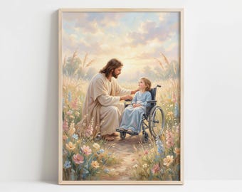 Spiritual Printable Art - Jesus Comforting Child in Wheelchair, Serene Pastoral Scene, Inspirational Wall Art, Digital Download, Child  17