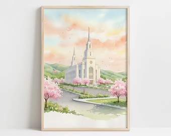 Layton Utah Temple Spring Printable - Pastel Watercolor Art, Cherry Blossom Trees, Serene Spiritual Scene, Bright Wall Art Download 26
