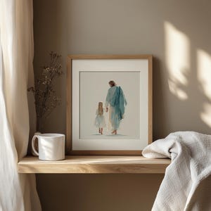 Christ and little girl artwork for waiting areas — serene watercolor piece emphasizing love and guidance with soft palettes.