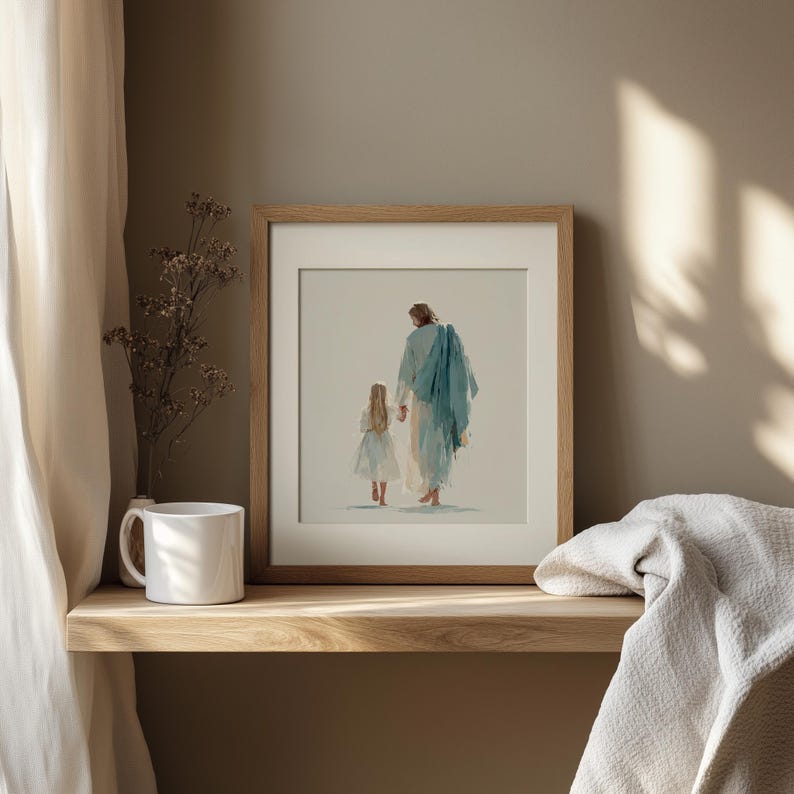 Christ and little girl artwork for waiting areas — serene watercolor piece emphasizing love and guidance with soft palettes.