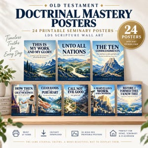 Könnte beinhalten: Eine Sammlung von 24 druckbaren Postern zur Lehrmeisterschaft des Alten Testaments mit LDS-Schriftstellen-Wandkunst. Jedes Poster zeigt eine einzigartige Landschaft oder Szene mit religiösem Text, einschließlich Titeln wie This Is My Work.