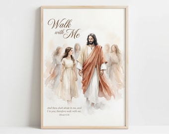 Acuarela rústica de Jesús y el Niño - Camina Conmigo, Arte con temática SUD, Impresión neutra, Decoración inspiradora de granja, Arte imprimible de las Escrituras 17