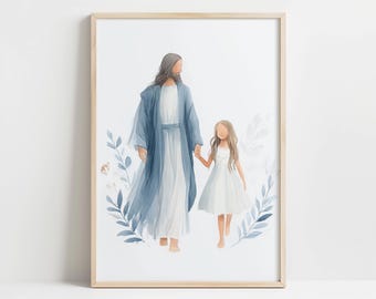 May include: Watercolor print in a light wood frame. The artwork depicts a figure in a blue robe and a figure in a white dress holding hands, surrounded by blue and green foliage. The figures are walking together.
