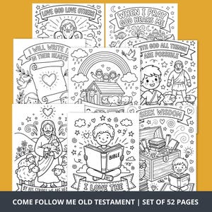 May include: A set of black and white coloring pages with religious themes. Each page features illustrations of Bible stories and inspirational quotes. The set includes images of Jesus, Noah's Ark, and other biblical scenes. The text "COME FOLLOW ME OLD TESTAMENT | SET OF 52 PAGES" is at the bottom.