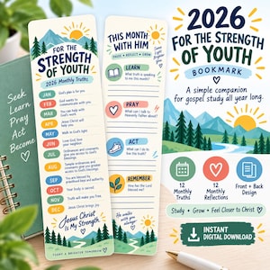 Op de afbeelding: Een 2026 For the Strength of Youth bladwijzer met een voor- en achterkantontwerp met bergen en bossen. De voorkant bevat maandelijkse waarheden, terwijl de achterkant secties bevat voor leren, bidden, handelen en herinneren.