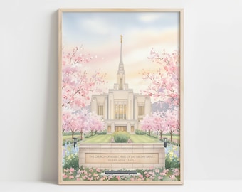 Spring Ogden Utah Temple Print - Serene Pastel Watercolor Art, Spiritual Cherry Blossom Landscape, Romantic Floral Wall Decor, Printable 39