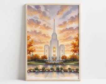 Autumn Temple Print - Brigham City Utah Spiritual Scenery, Fall Printable Wall Art, Warm Watercolor Sunset, Serene Landscape Digital 10
