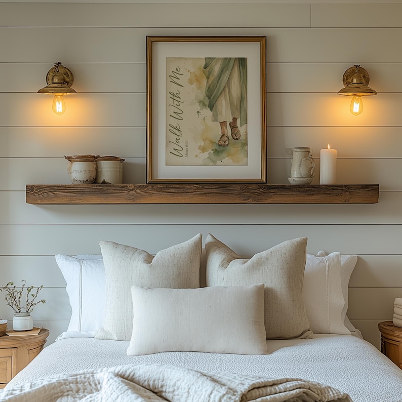 Close-up of bare feet mid-step wall art for living room — loose watercolor style evokes a tranquil cottagecore vibe.