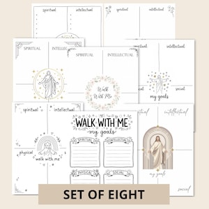 Può includere: Un set di otto fogli di lavoro bianchi per la definizione degli obiettivi con testo e illustrazioni neri. Ogni foglio presenta sezioni per obiettivi spirituali, intellettuali, fisici e sociali, con il testo "Walk With Me" e illustrazioni di Gesù.