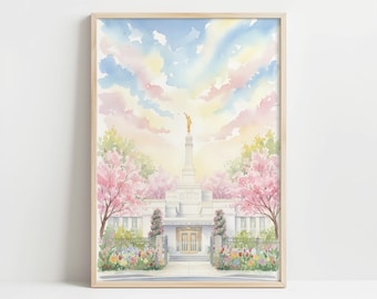 Lámina de acuarela del Templo de Spokane, Washington / Arte del Templo SUD / Descarga digital / Arte de pared de primavera