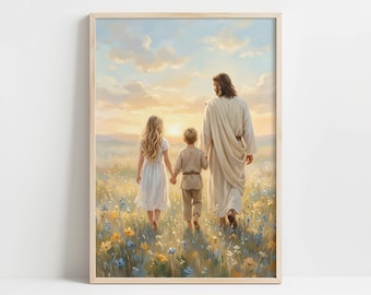 Rustic Inspirational Jesus Walking with Children - Peaceful Sunset Landscape, Family-Oriented Pastoral Scene, Printable Wall Art Decor 2