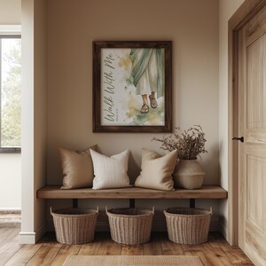 Sandaled feet and flowing skirt digital print for entryway — minimalist artwork infused with soft greens and warm neutrals for a calming welcome.