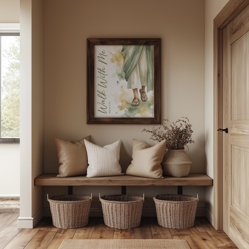 Sandaled feet and flowing skirt digital print for entryway — minimalist artwork infused with soft greens and warm neutrals for a calming welcome.