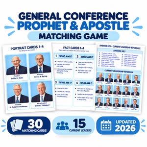 Könnte beinhalten: Ein General Conference Prophet & Apostle Zuordnungsspiel mit Porträtkarten, Faktenkarten und einem Antwortschlüssel mit aktueller Führungsreferenz. Die Druckbögen enthalten 30 Spielkarten und 15 aktuelle Führungskräfte, aktualisiert für 2026.