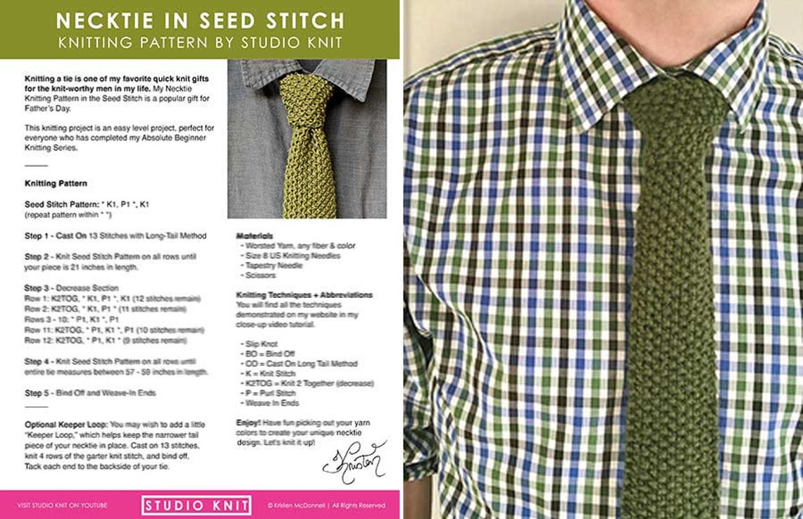 Seed Stitch Necktie Tie Knitting Pattern PDF Download Etsy