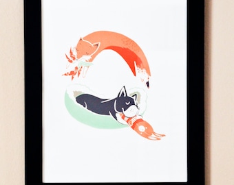 Q, Alphabet Print, Original Silk Screen Dog, Fox, Rabbit