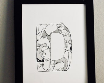 D, Alphabet Print, Original Silk Screen, Dogs, Dog Walker