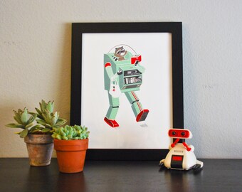 R, Alphabet Print, Original Silk Screen Print, Children/Nursery Decor, Robot, Raccoon,Reading