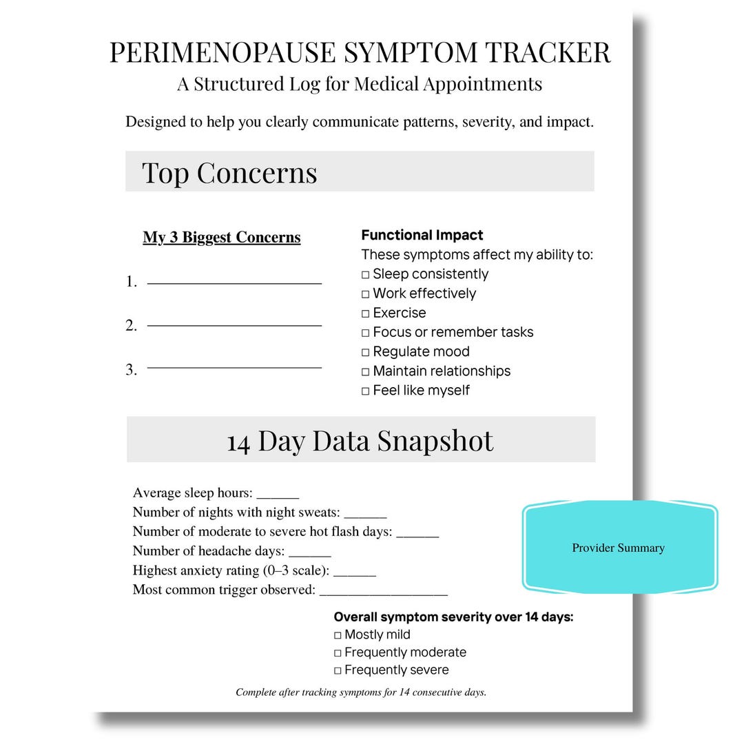 Perimenopause Symptom Tracker Printable | 14 Day Menopause Symptom Log ...
