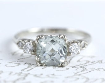 Gorgeous 14Kt. White gold Green Amythest & Diamond  Edwardian style ring
