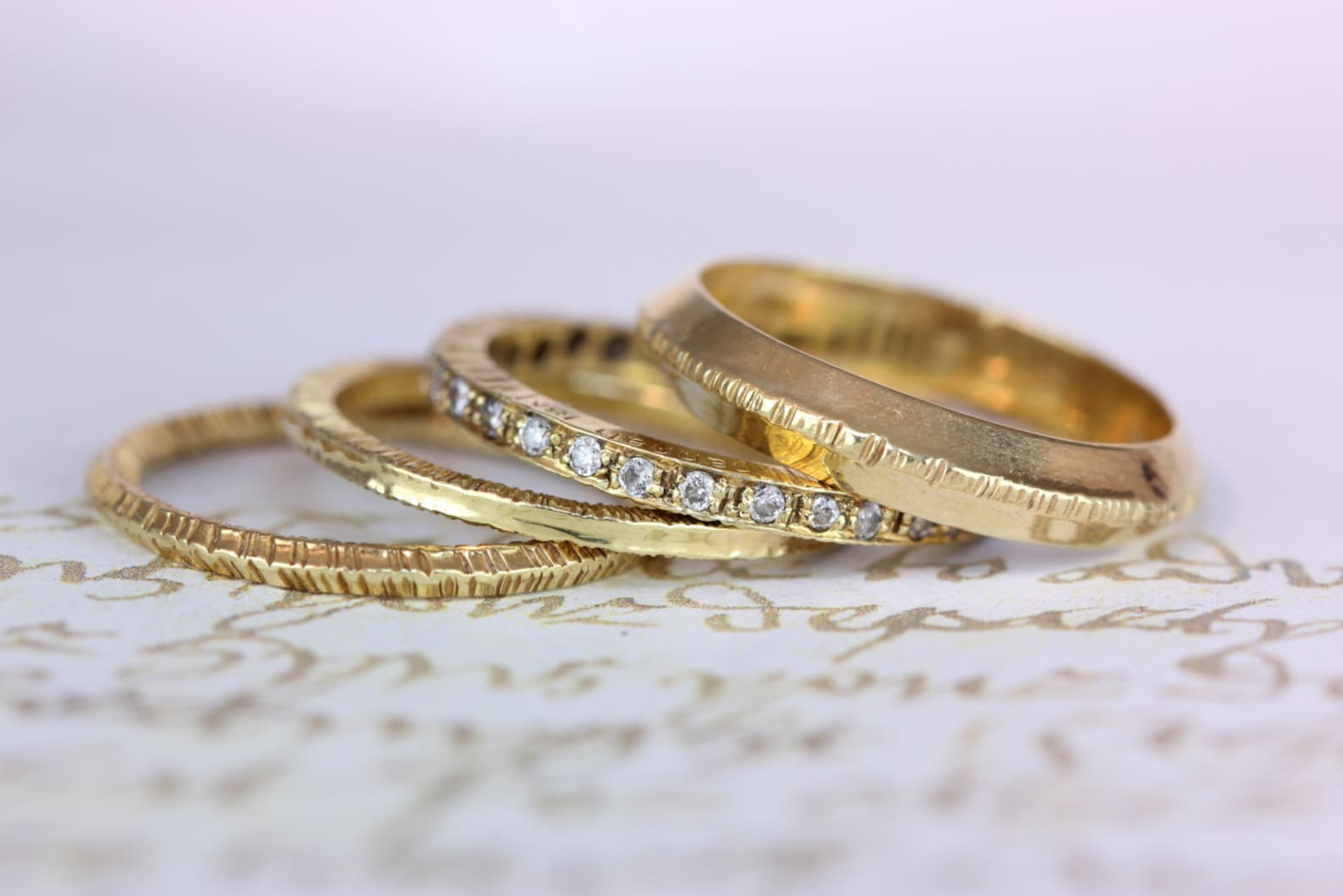 14 Kt. Yellow Gold Diamond Handmade Stacking Rings Etsy
