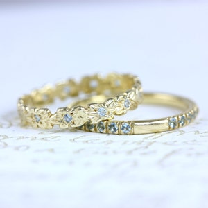 gorgeous detailed 14kt gold plumeria band with aquamarine