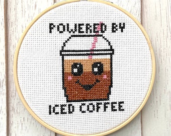 Powered By Iced Coffee Counted Cross Stitch DIGITAL Pattern