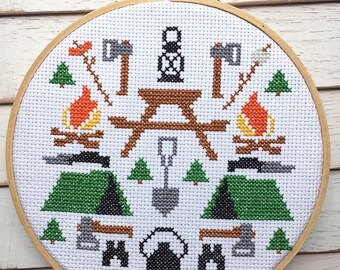 Camping Tool Sampler Cross Stitch 6 inch Double Pattern DOWNLOAD Intermediate