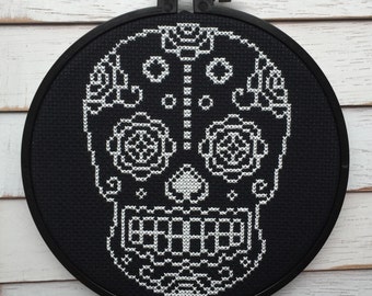 Sugar Skull Day of the Dead Skeleton White and Black Cross Stitch Pattern DOWNLOAD Intermediate