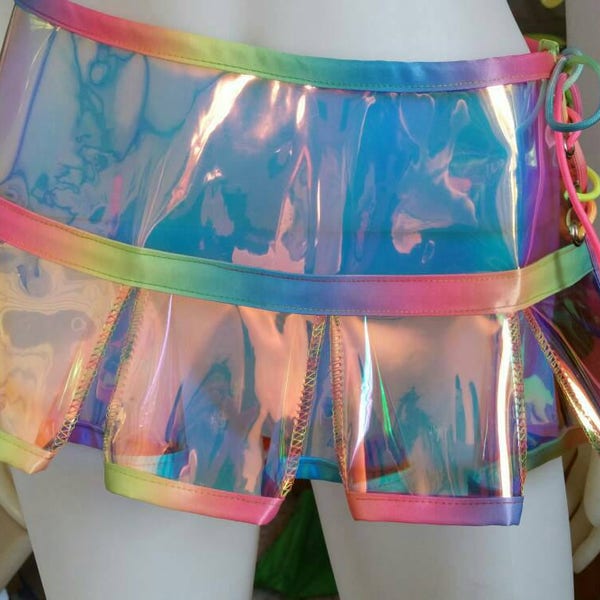 Holographic clear Vinyl Cheerleader Skirt rave outfit burning man festival edc see through transparent rainbow